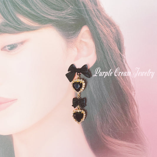 Purple Cream Black Ribbon & Heart Earrings P1002