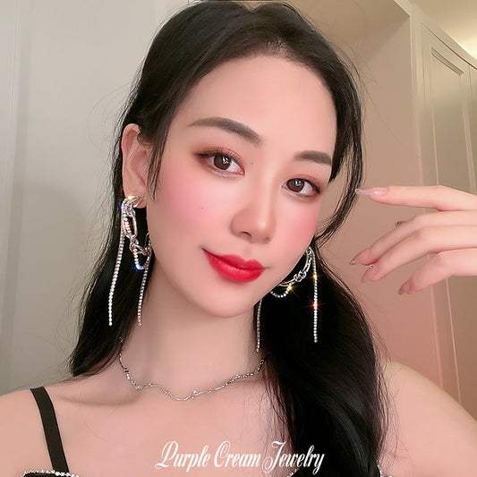 Purple Cream Stone Chain Hoop Earrings P1237