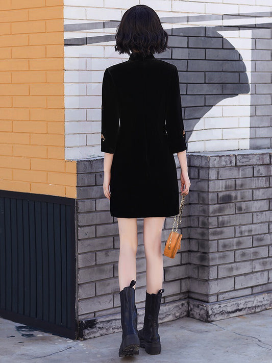 Velour material embroidered sleeves China mini tight dress BLACK