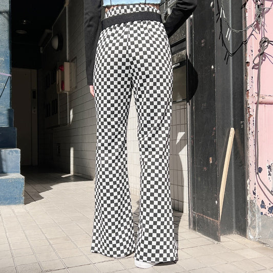Checkered pattern front slit flare pants Black/White