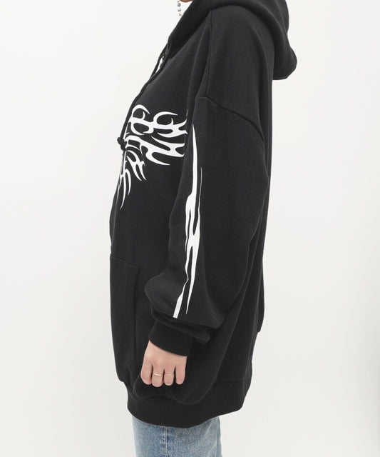 Tribal Print Fleece Unisex Body Big Zip Hoodie BLACK