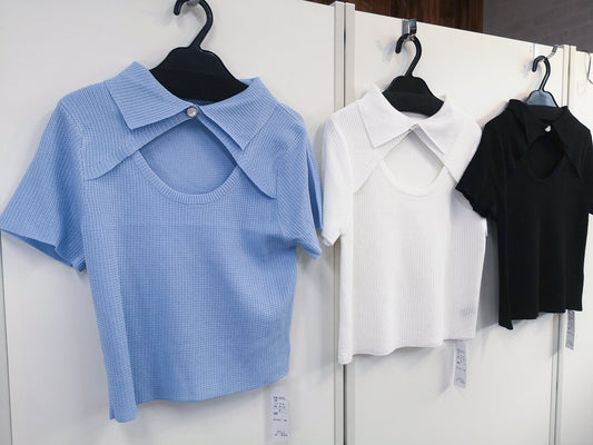 Bust open polo knit top WHITE