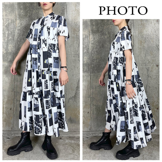RooM404 Printed tiered half-open collar loose and fluffy long shirt dress WHITE