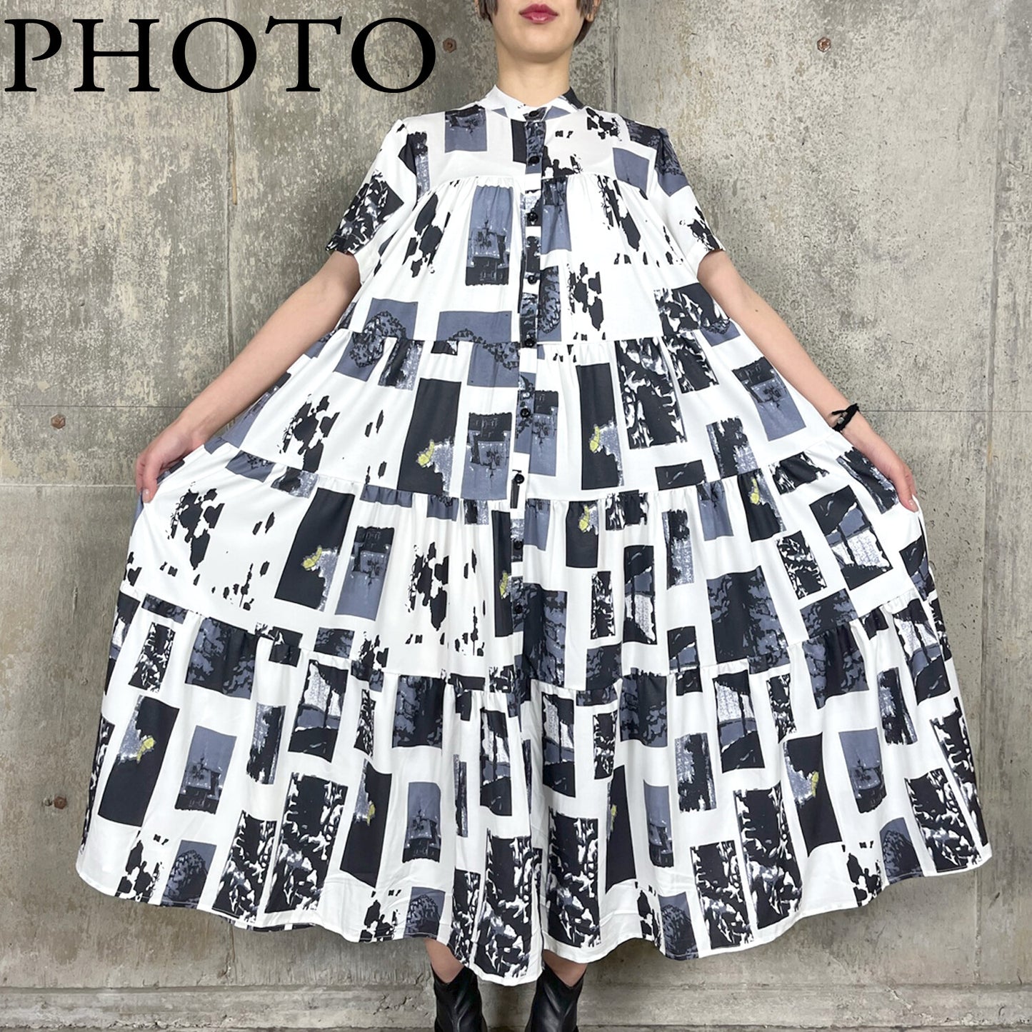 RooM404 プリントティアード 半開襟ゆったりふんわりロングシャツワンピース WHITE