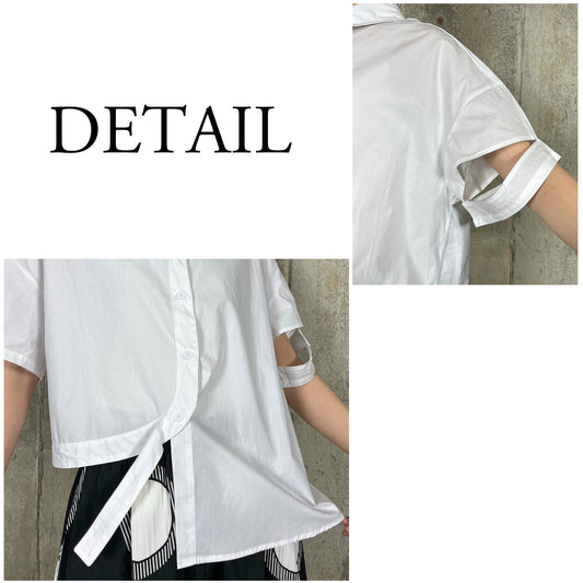 RooM404 Sleeve cut, front hem round, asymmetrical shirt blouse, WHITE