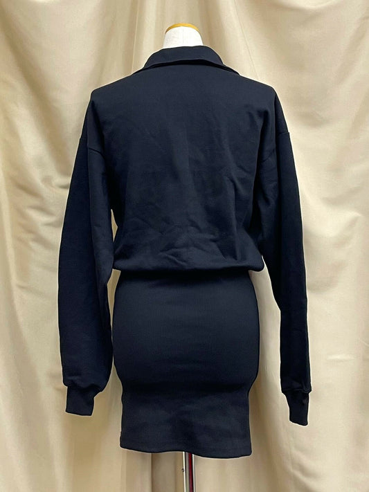 裏毛 ジップアップ ハーフジップ リブ フィットワンピース BLACK