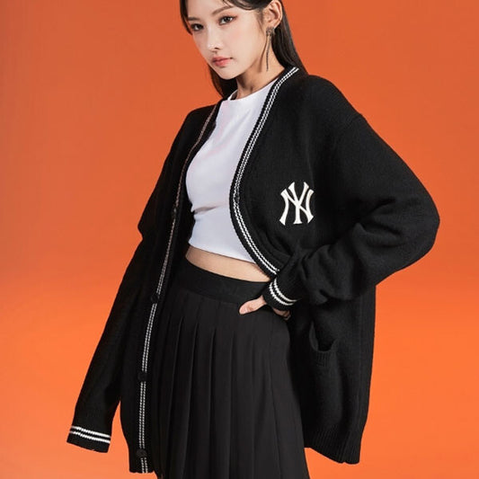 MLB Korea Unisex Logo Line V-Neck Cardigan BLACK