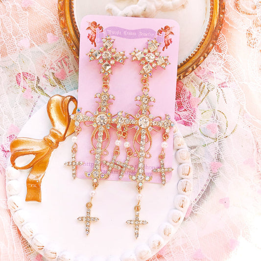 Purple Cream Sparkling Stone Cross Earrings P514