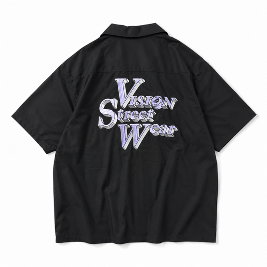 VISION STREET WEAR ロゴ刺繍開襟シャツ BLACK