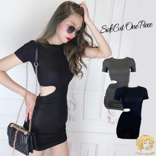 サイドカット ミニ丈 半袖ワンピース BLACK