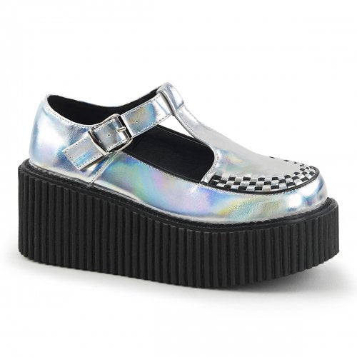 Demonia T-Strap Creeper Shoes CREEPER-214 Silver Hologram