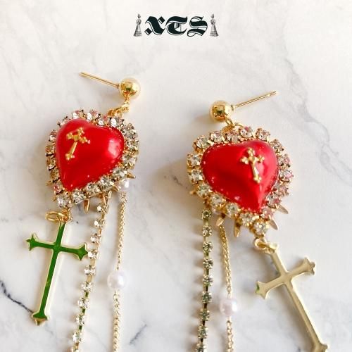 XTS クロスハート チェーン ピアス Gold/Red TS0220