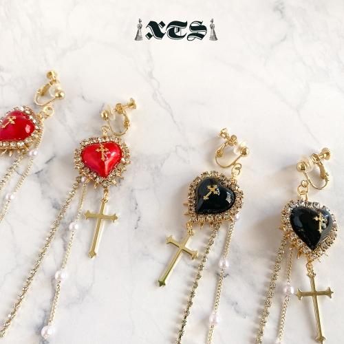 XTS クロスハート チェーン イヤリング Gold/Black TS0222