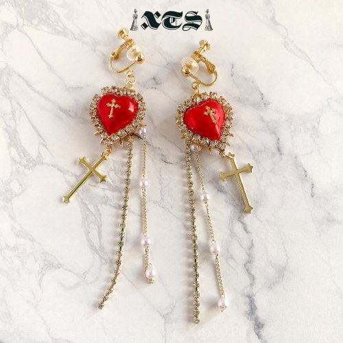 XTS Cross Heart Chain Earrings Gold/Red TS0222