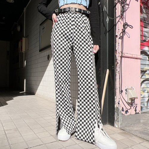 チェッカー総柄 フロントスリットフレアパンツ Black/White