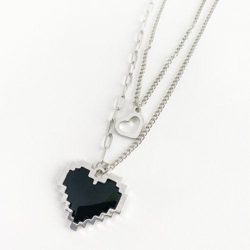 8bit Heart Double Chain Necklace SILVER