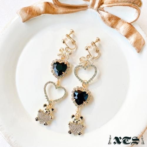 XTS Black Heart & Bear ハート テディベア イヤリング