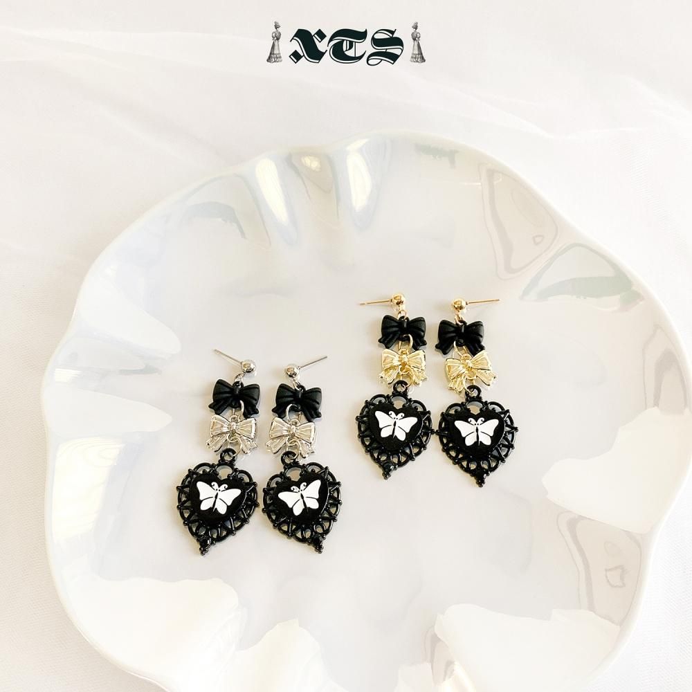 XTS ゴシック 蝶々 ブラックハート ピアス SILVER TS0238