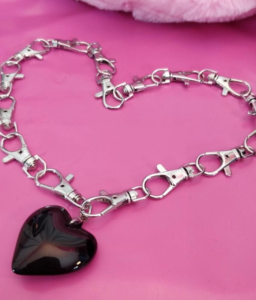 BIG ブラックハート モチーフ クリップチェーン ネックレス SILVER BLACK