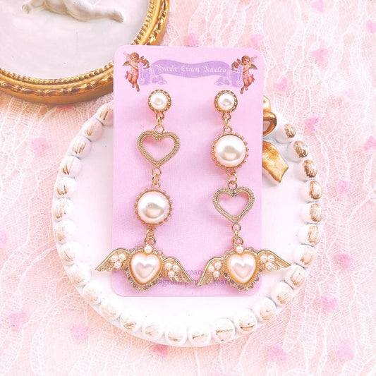 Purple Cream パールハートウィングピアス P538