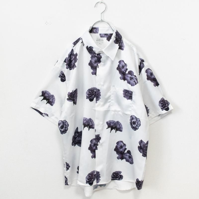 Timely Warning フラワー 総柄 サテン 半袖シャツ WHITE
