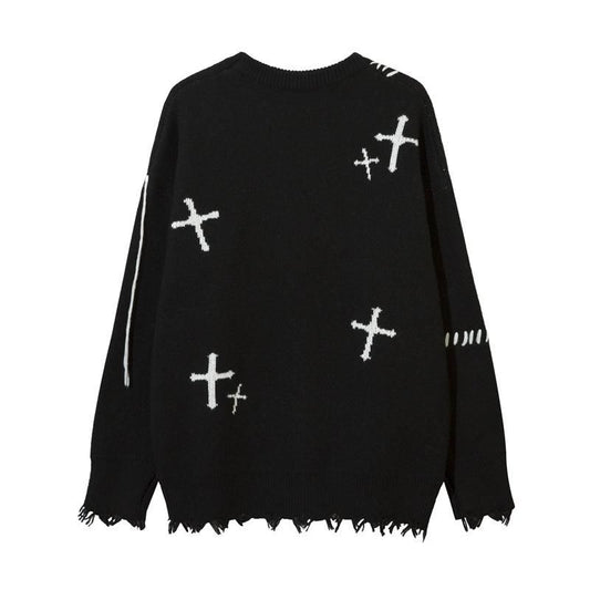 Corazon クロス ダメージ加工 ニットセーター BLACK