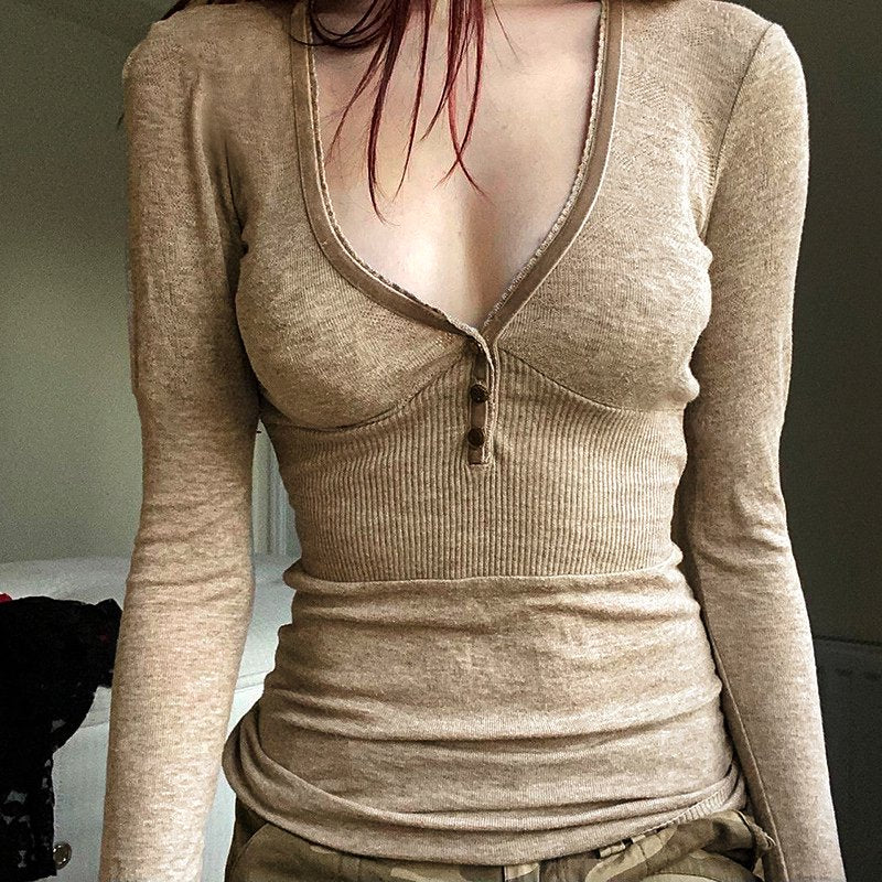 Y2K Fit Long Sleeve Top BEIGE