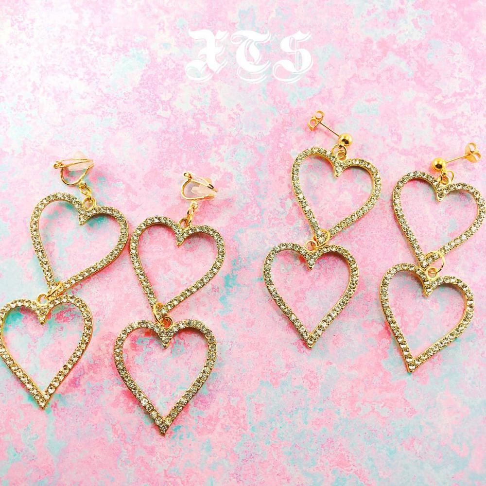XTS ラインストーン ダブルハート イヤリング ピアス GOLD