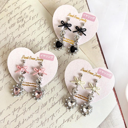 Purple Cream リボンローズ&パールハートシルバーピアス・イヤリング P1653