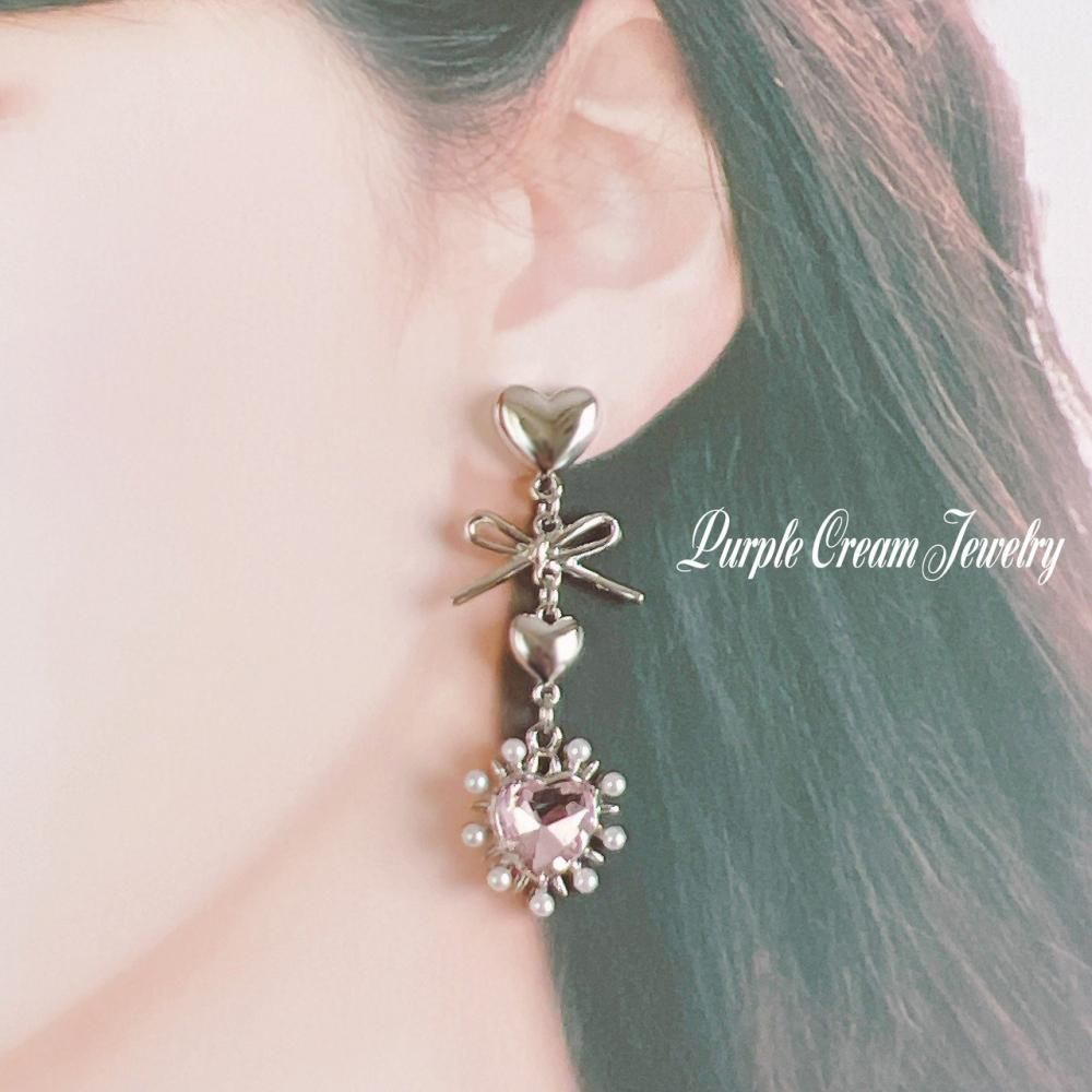 Purple Cream ガーリーハートパールピアス P1493