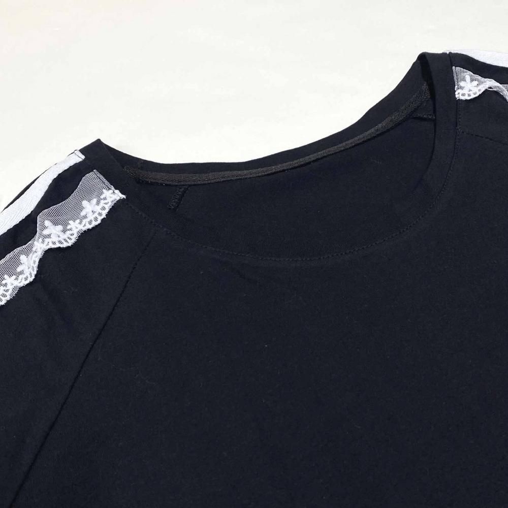 サイドダブルライン レース付き バレエコア ロンT BLACK