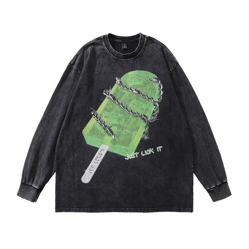 Barbed Wire Ice Cream Wash Unisex Long Sleeve T-Shirt in Black
