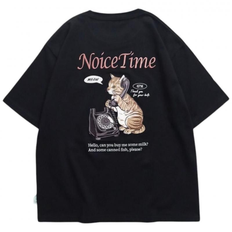 POWER TO THE PEOPLE テレフォン ネコ刺繍Tee / 半袖Tシャツ Black