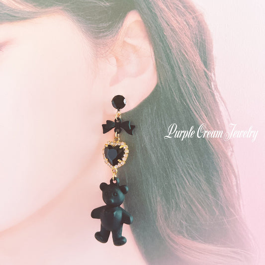 Purple Cream Fancy Black Teddy Bear Earrings P1244 BLACK