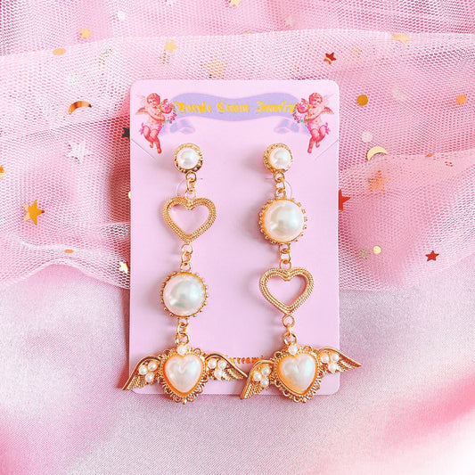 Purple Cream Pearl Heart Wing Earrings P538