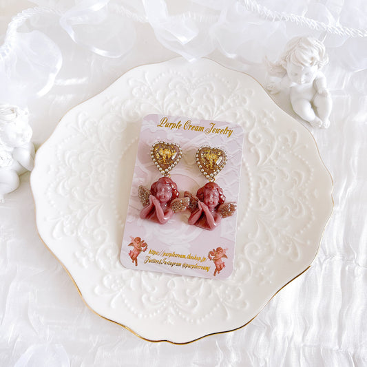 Purple Cream 2way Heart Melty Angel Earrings P1295