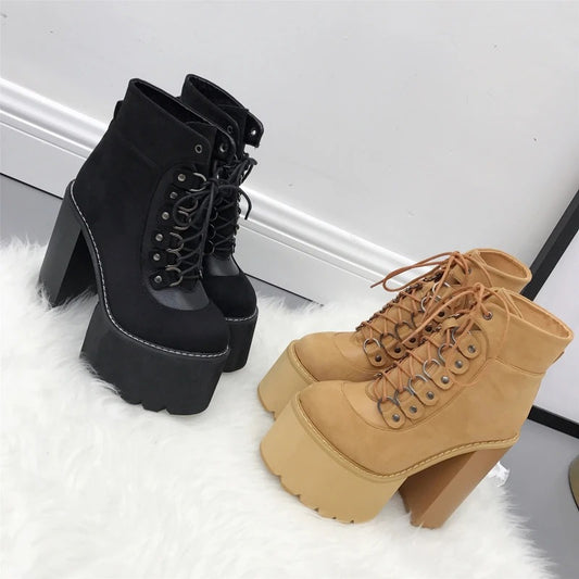 Lace-up faux suede high heel boots BLACK