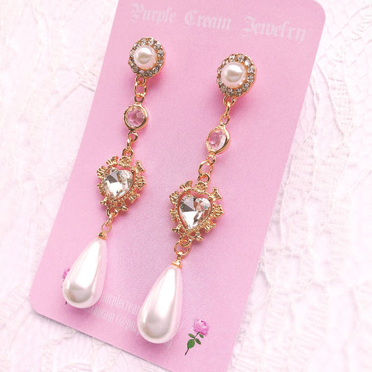 Purple Cream Pearl & Heart Bijou Sparkly Earrings P105