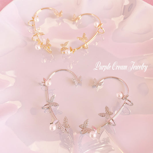 Purple Cream Butterfly Pearl Ear Cuff GOLD P1049