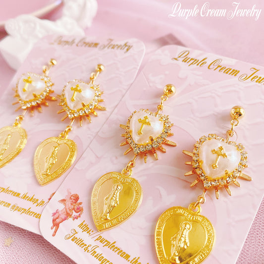 Purple Cream Heart Medal Earrings P1171 GOLD