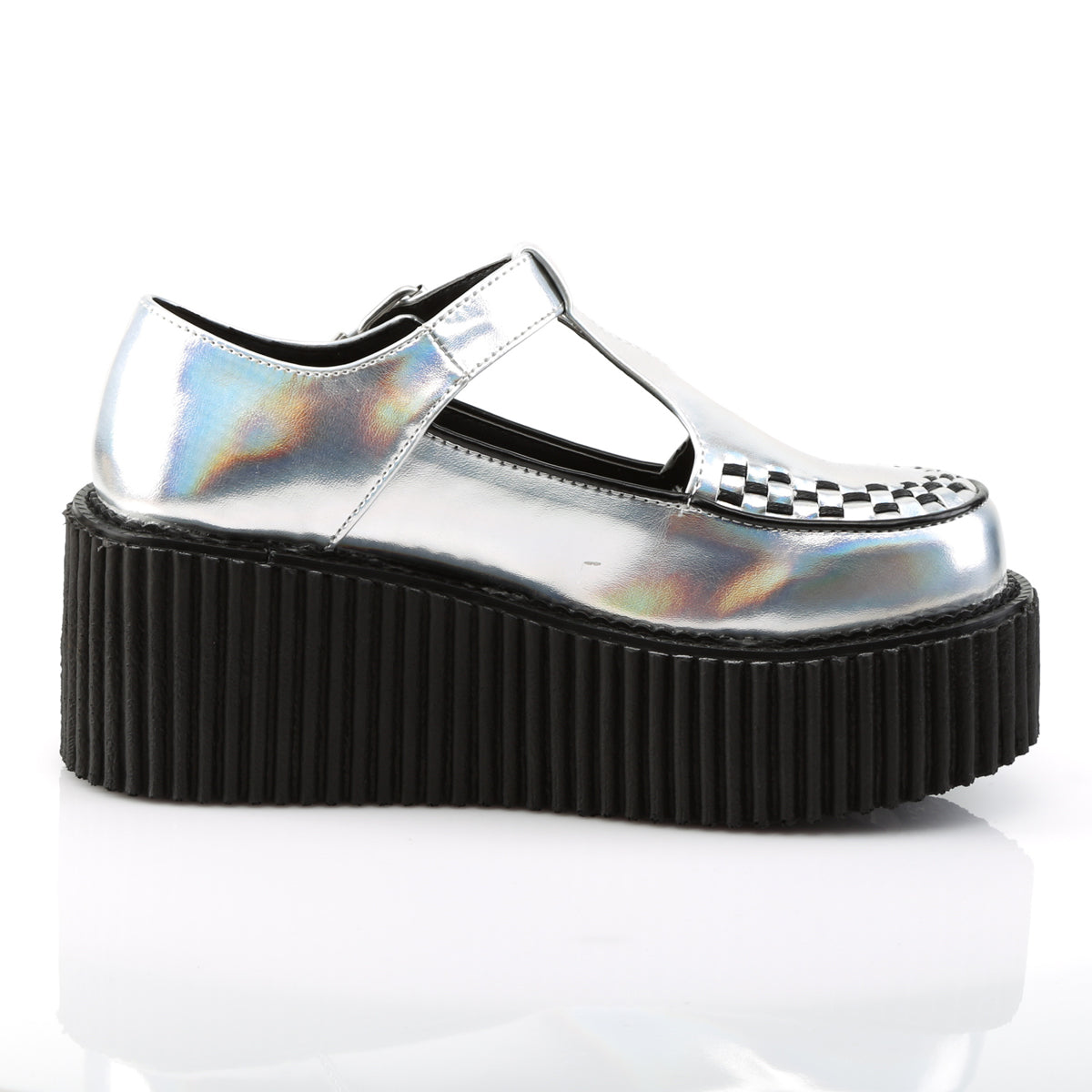 Demonia Tストラップ クリーパーシューズ CREEPER-214 Silver Hologram