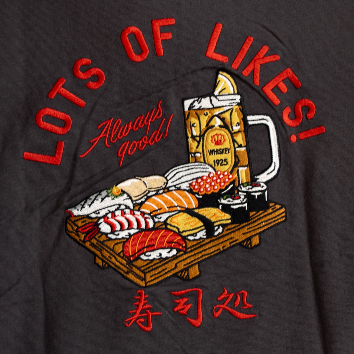 POWER TO THE PEOPLE JAPAN Series Sushi Back Embroidered Short Sleeve T-Shirt CHARCOAL