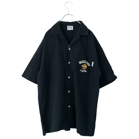 POWER TO THE PEOPLE Linen-Like Tiger Embroidered Short Sleeve Shirt in Black