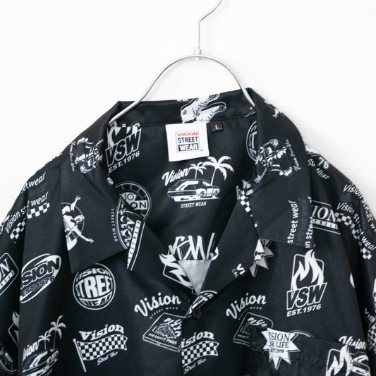 VISION STREET WEAR グラフィック総柄 開襟 半袖シャツ BLACK