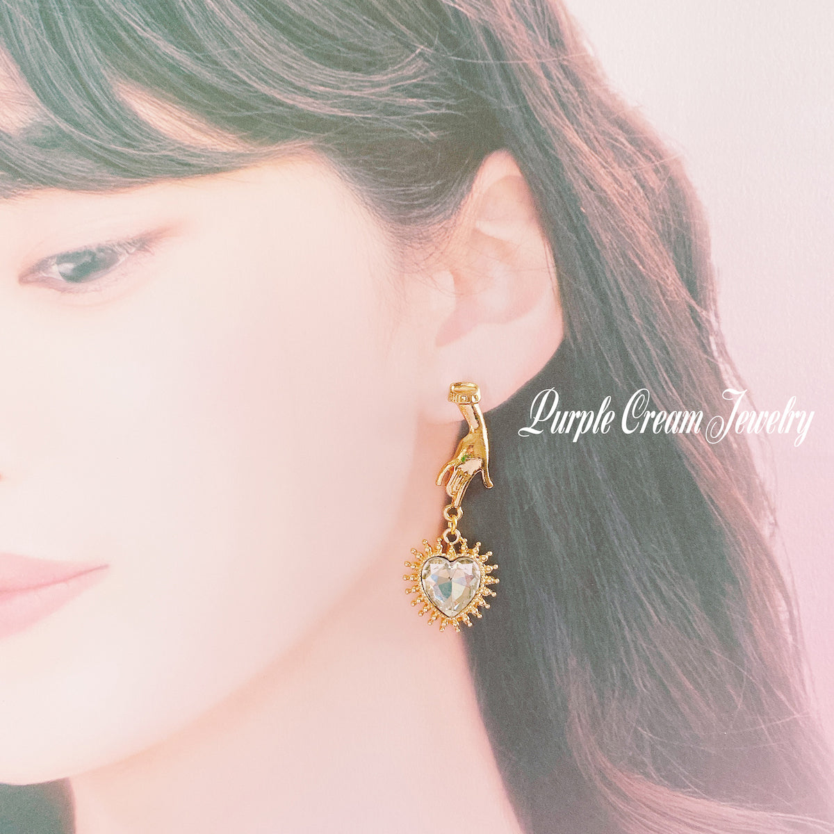 Purple Cream Hand & Heart Earrings P1113