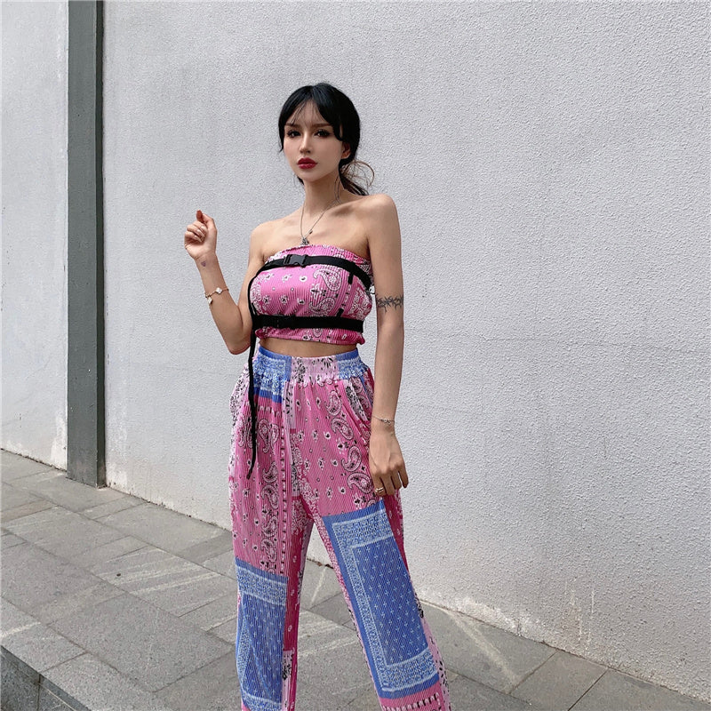 バンダナ柄 チューブトップ パンツセットアップ PINK MS_P