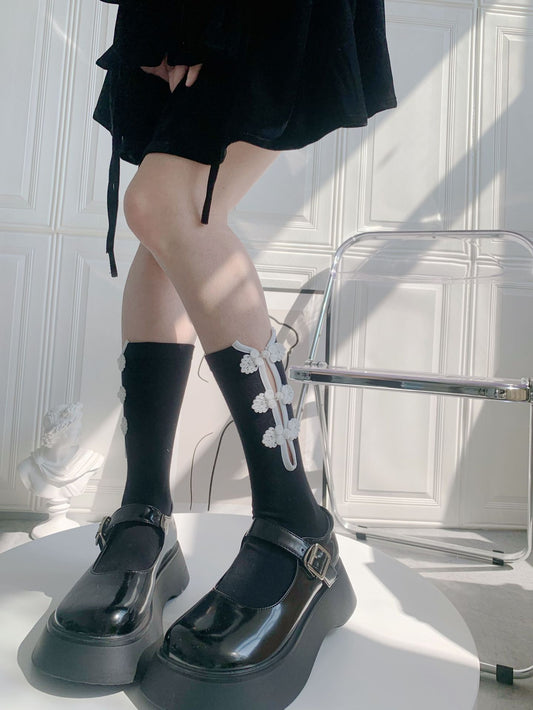 チャイナボタン 長め丈 ソックス BLACK