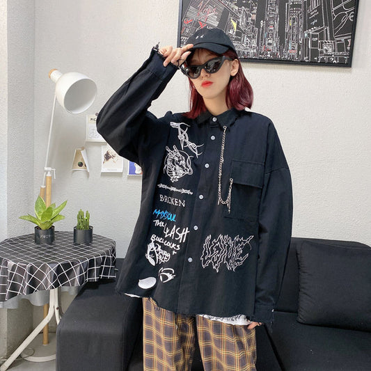 Symbol Embroidery Long Sleeve Shirt BLACK