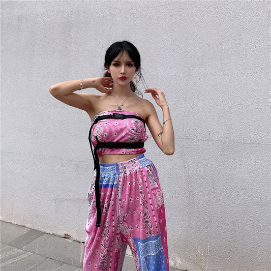 バンダナ柄 チューブトップ パンツセットアップ PINK MS_P