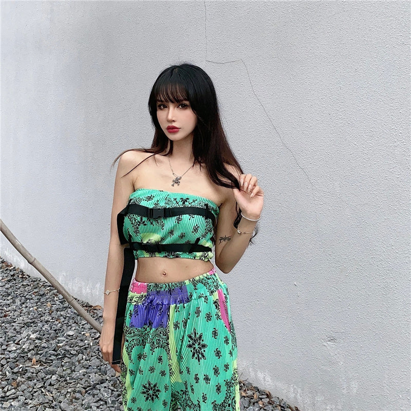 バンダナ柄 チューブトップ パンツセットアップ GREEN グリーン 緑 MS_P